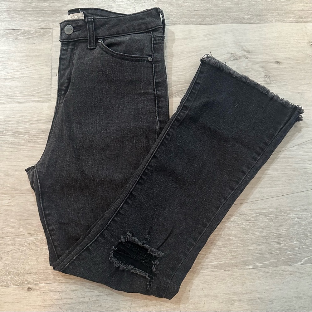 Women's Black Distressed High Rise Cropped Flare Jeans